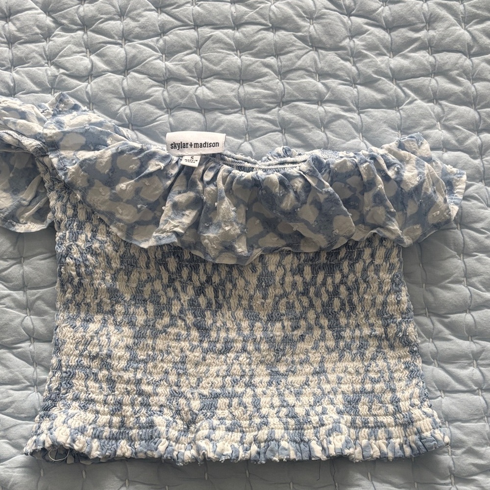 Skylar + Madison Blue and White Ruffle Top